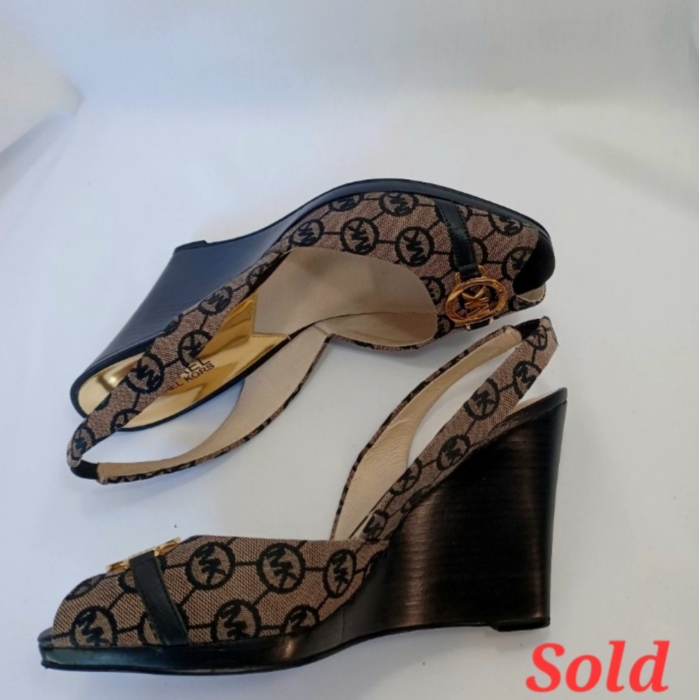 MICHAEL Michael Kors Rochelle Sling Wedge Monogram Jacquard Taupe/Black 9M